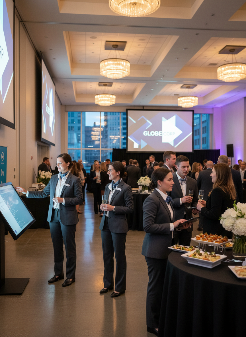 event staff at a corporate event, professional setting, staff in uniforms assisting guests