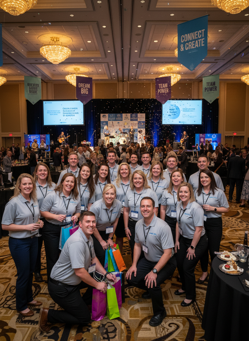 corporate fun event, event staff at a lively company gathering, mix of blond and brown hair, professional and happy atmosphere