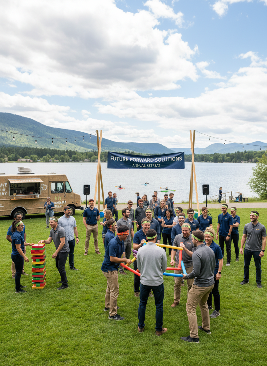 corporate retreat event, professional and fun atmosphere, group of coworkers enjoying activities outdoors