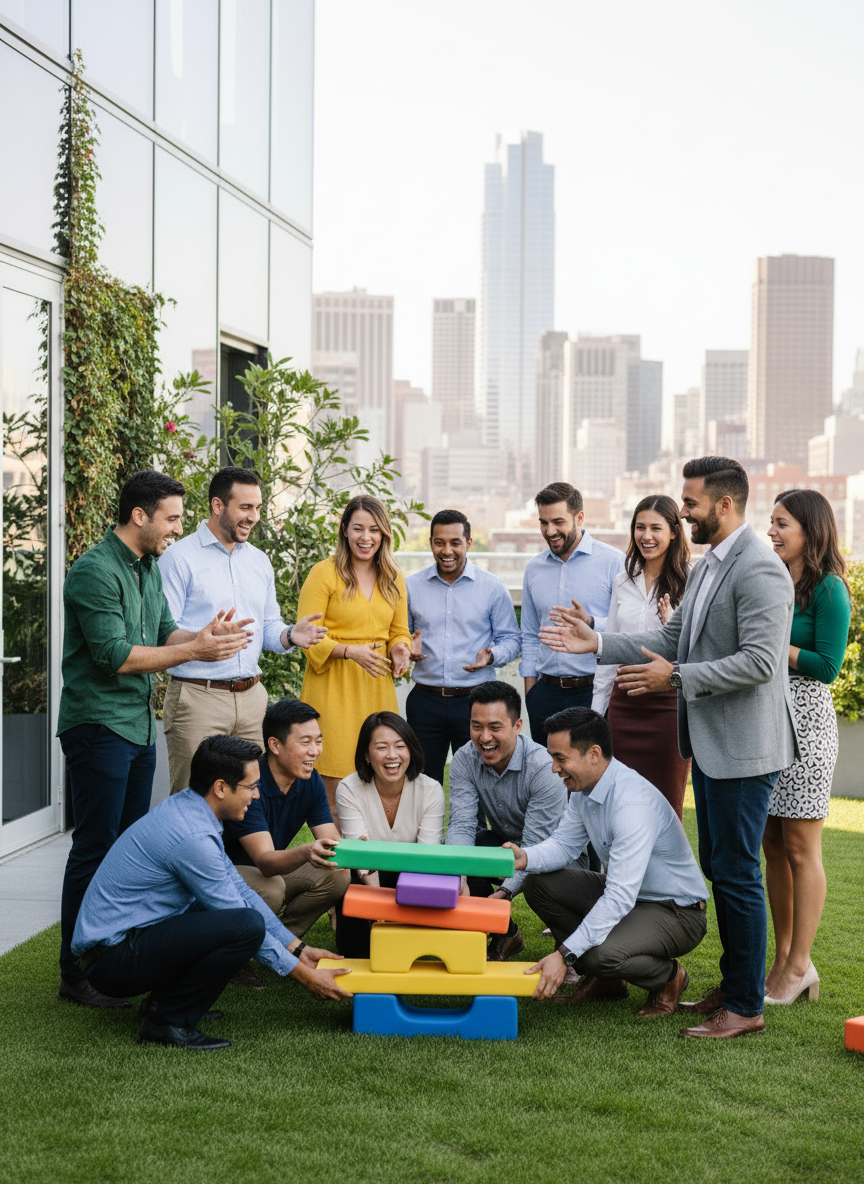 A fun corporate retreat scene with a diverse group of professionals laughing and participating in an outdoor team-building activity. People are casually dressed in smart-casual attire, working together on a collaborative challenge with bright team-colored props. The setting is a modern retreat venue with greenery and city skyline hints in the background, under natural daylight. The mood is energetic, social, and upbeat, clearly conveying team bonding and a lively atmosphere, photographed in a clean, contemporary style.