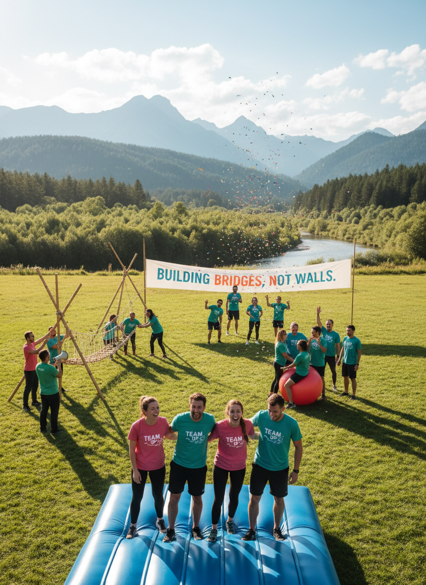 A vibrant team building event with colleagues engaging in fun outdoor activities, teamwork, and collaboration, set against a scenic background. Everyone is smiling and participating in group challenges.