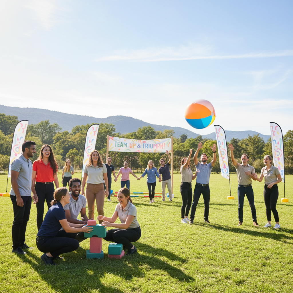 happy teams participating in a team building event outdoors, with diverse people engaged in cooperative activities like games or challenges, vibrant energy, smiles, casual modern work attire, bright natural light
