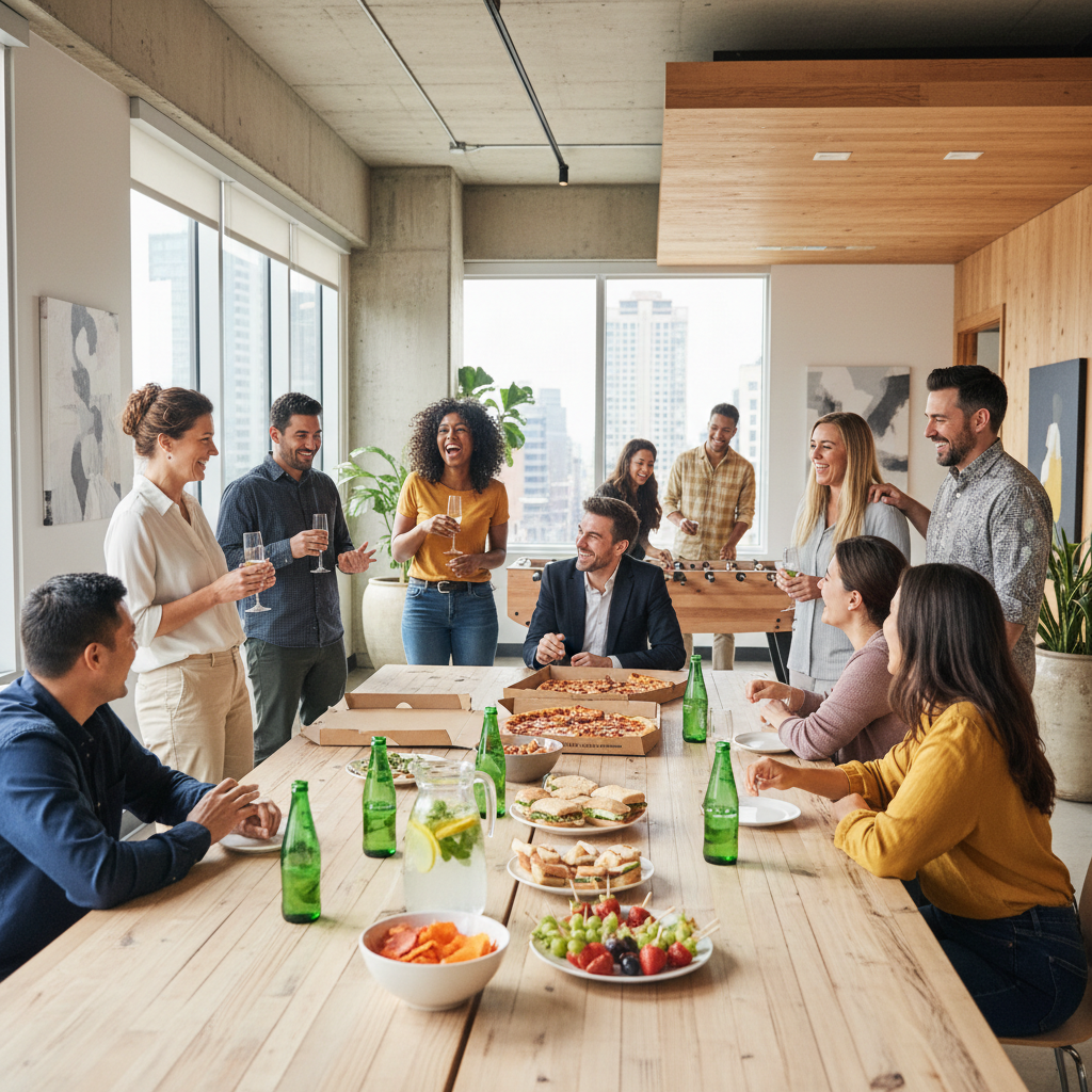 A group of diverse professionals enjoying a team event in a modern lunchroom, with snacks and refreshments on the table, friendly atmosphere, laughter and informal interaction.
