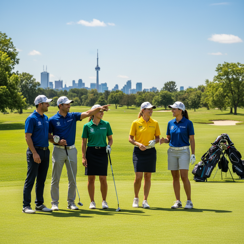 Corporate golf tournament in Toronto on a sunny day, with diverse teams of professionals in branded polo shirts and caps, golf bags with company logos, people laughing and talking near the green, networking between holes, bright blue sky, lush green course, modern candid event photography