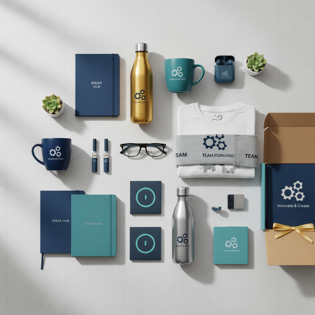 Cool and trendy promotional swag and gifts for a corporate team, including branded mugs, custom t-shirts, water bottles, notebooks, and tech gadgets, all arranged in an engaging, modern style suitable for staff gifting.