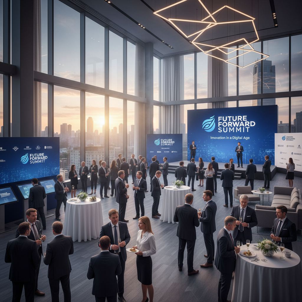 A professional corporate event, showcasing a stylish venue with business professionals networking, presentations, and branded elements.