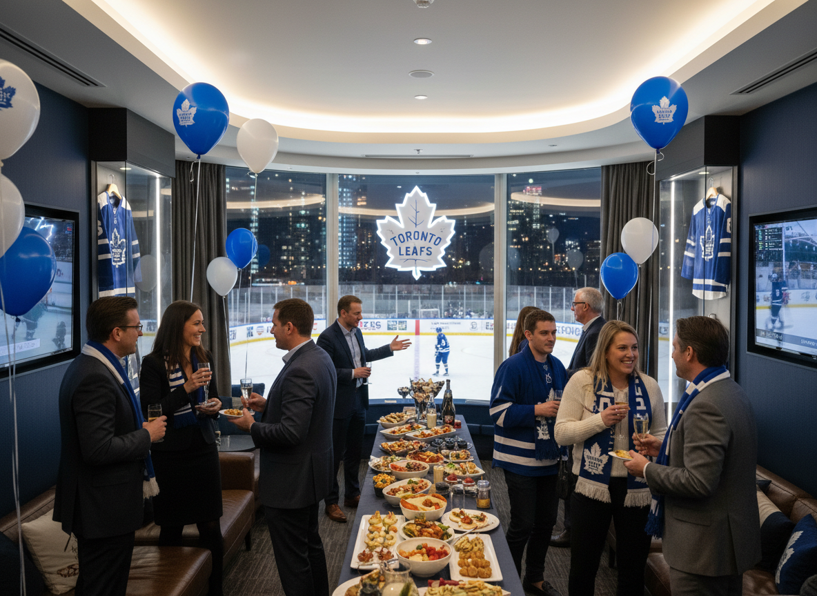 corporate event at a sports game in a luxury suite, Toronto Maple Leafs theme, people networking and having fun