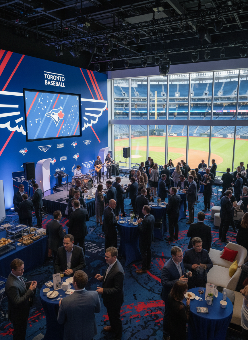 corporate event for the Toronto Blue Jays, large event, played in the Rogers Centre, featuring networking and entertainment in a baseball stadium suite, branded with Toronto Blue Jays colors and logos (no trademarked content), vibrant and professional atmosphere