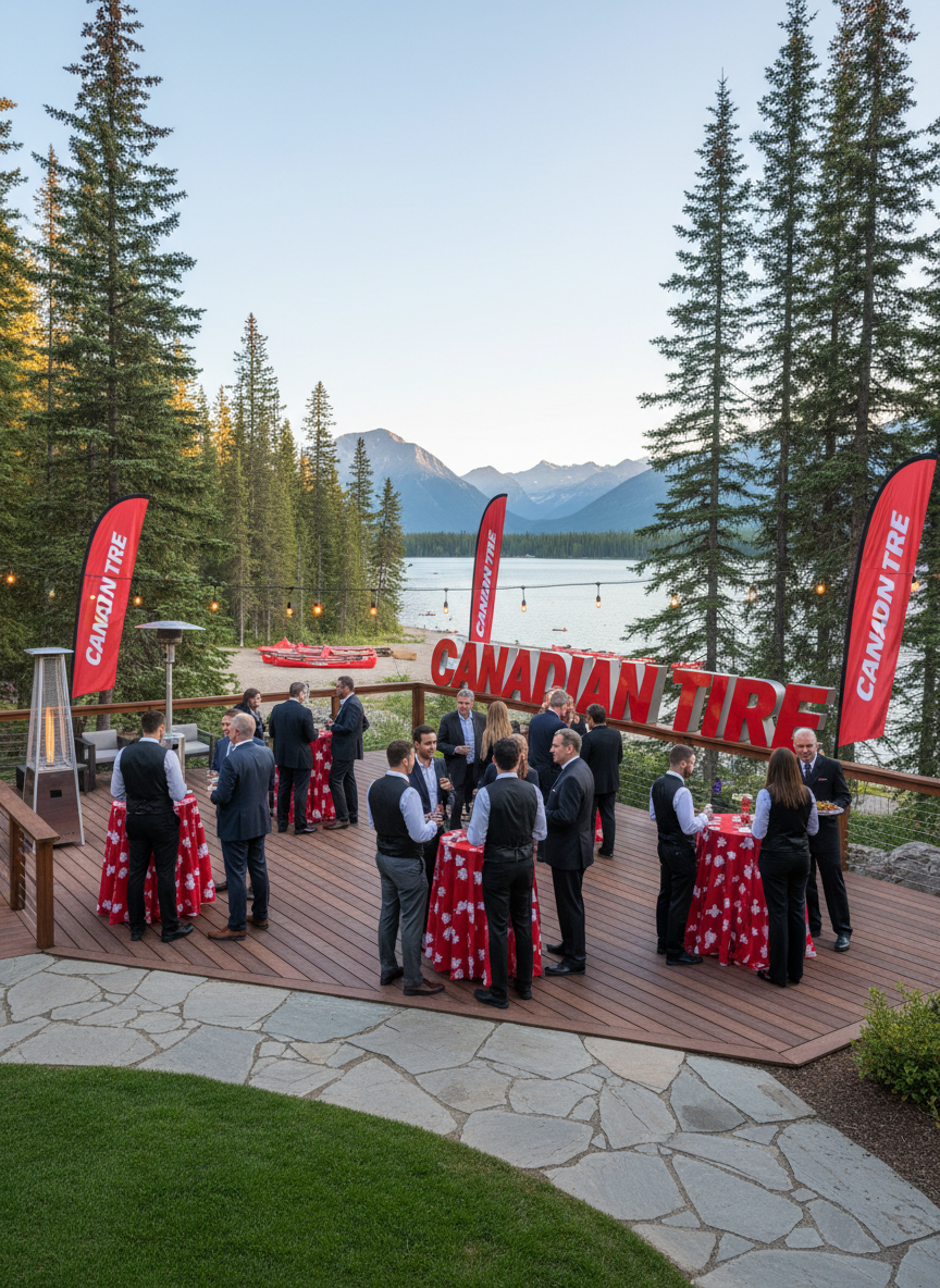 corporate event outdoors for Canadian Tire, with professional atmosphere, groups mingling, brand accents, Canadian setting