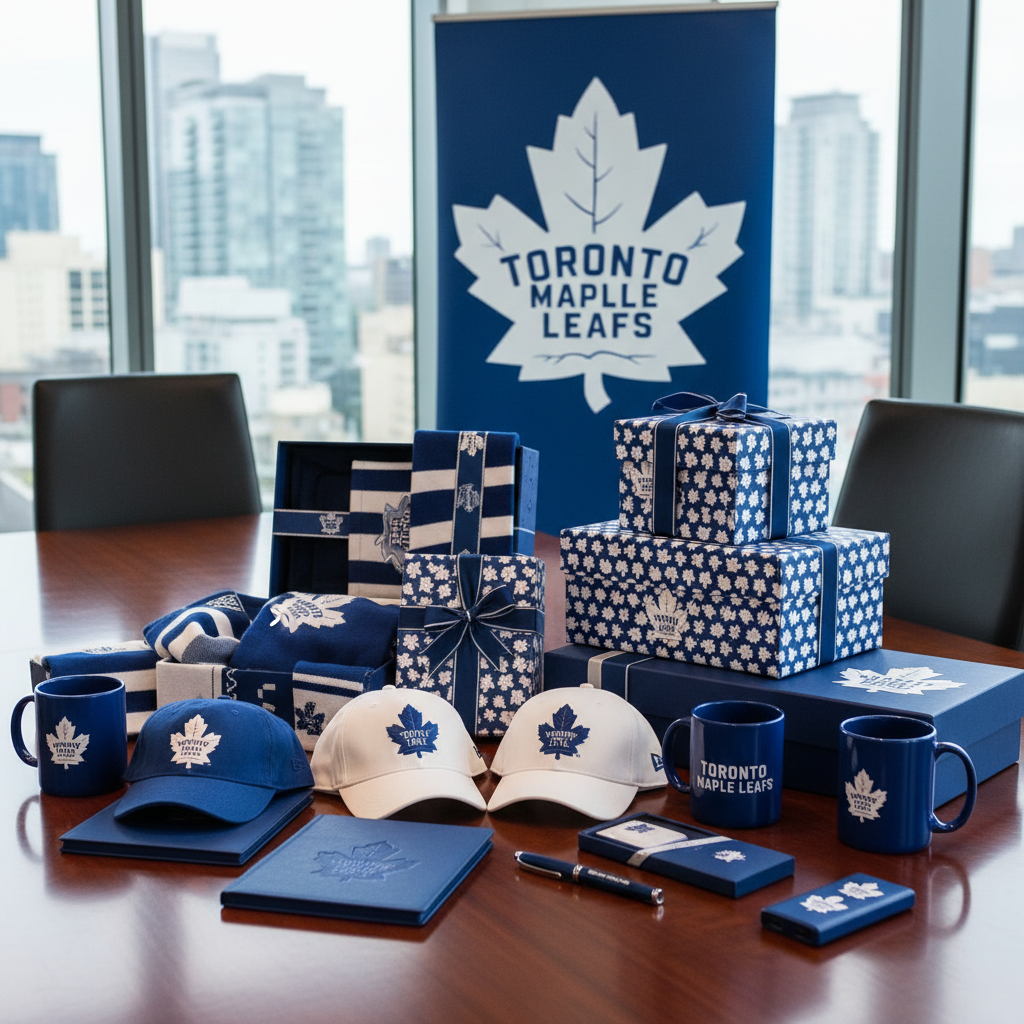 Toronto Maple Leafs themed corporate gifts displayed on a table, including branded merchandise like mugs, hats, and gift boxes in blue and white, in a business setting