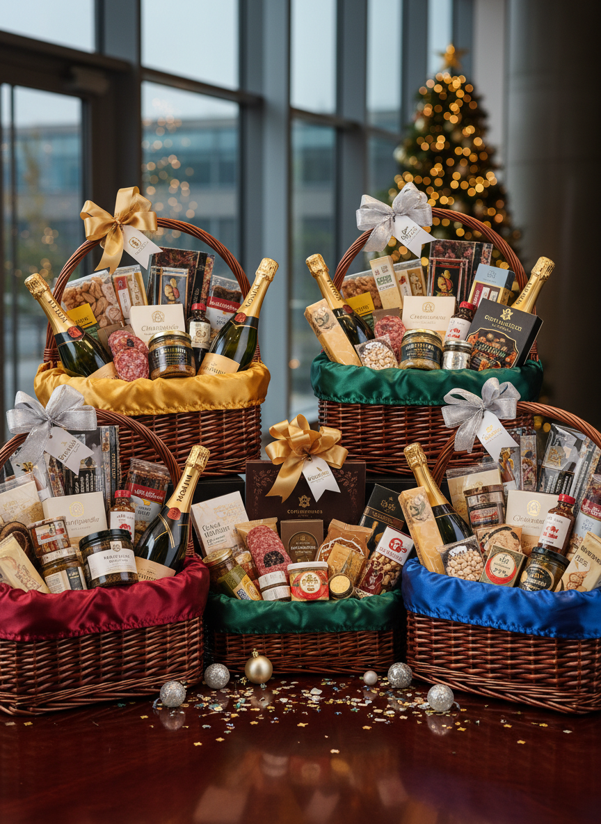 corporate gifts and gift baskets with large, elegant baskets filled with assorted gourmet food and champagne bottles, presented in a festive and upscale style