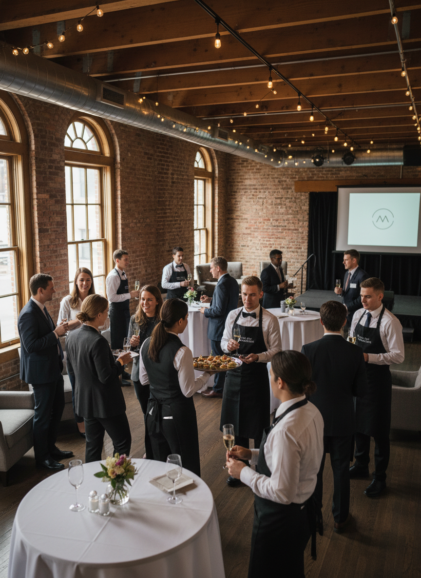 corporate event staff at a smaller, more intimate event, with waiters and serving staff providing attentive service